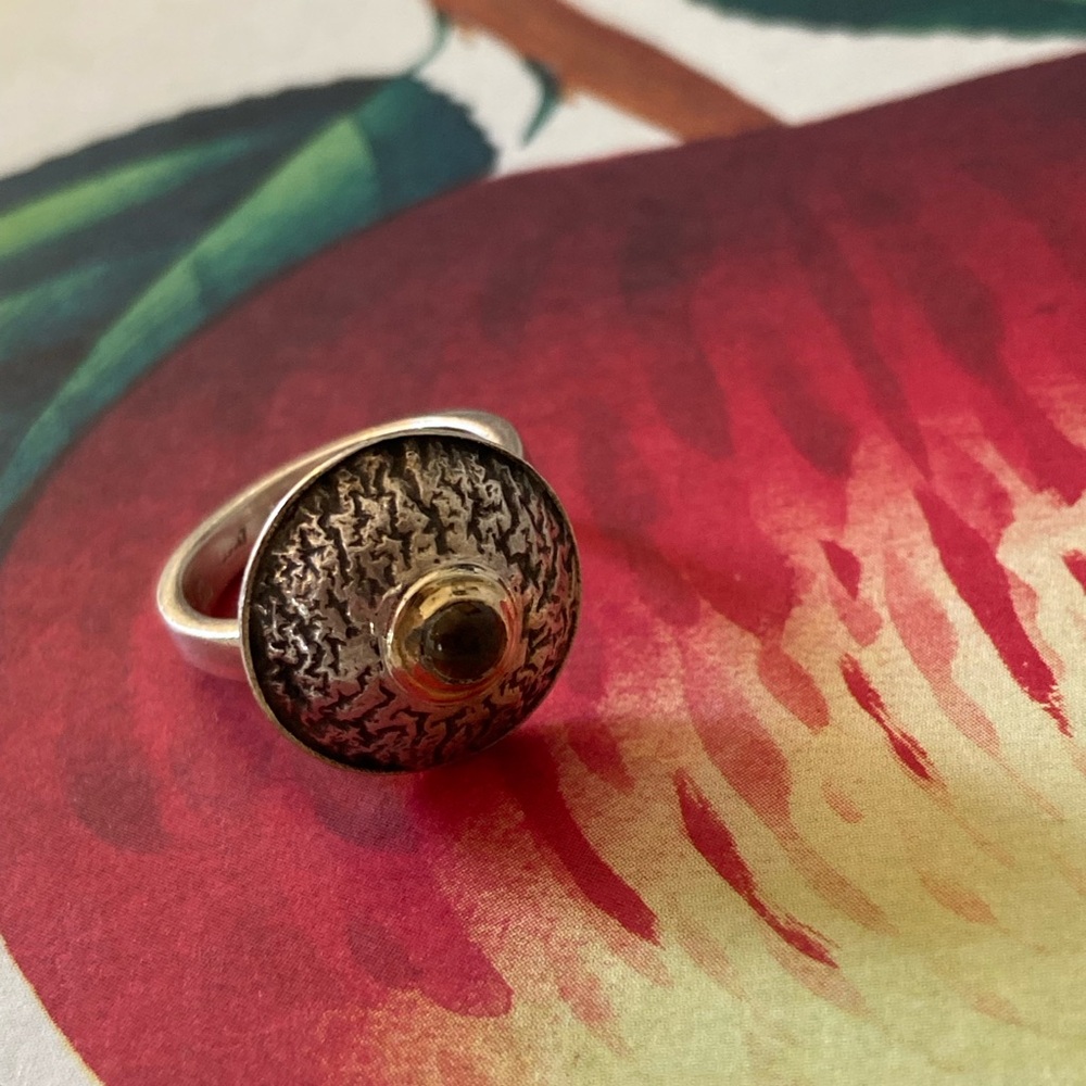 Dome Shield Sterling Silver Ring with Smooth Amber Bead - From Greece - Picture 3 of 10